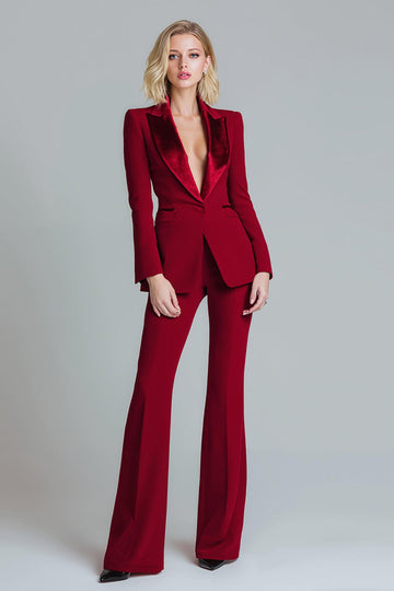 Rouge 2 Pièces Pointe Revers Femmes Costumes de Bal Avec Manches
